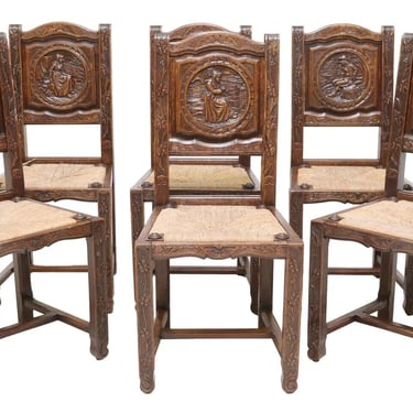 Antique Chairs, Set of 6 French Breton, Carved, Oak, Figural & Floral, 1800s!