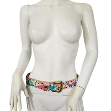 1980's White Leather Pastel New Wave Gold Rhinestone Bling Belt I Sz Lrg 