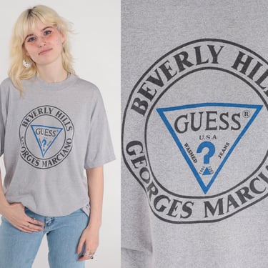 Guess Jeans T-Shirt Y2K Georges Marciano Beverly Hills Tshirt Graphic Streetwear Tee T Shirt Vintage 00s Heather Grey Medium Large 