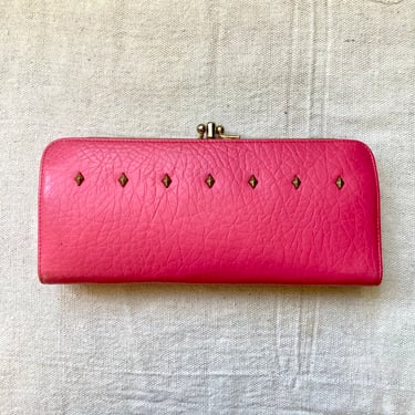 Vintage 60s HOT PINK WALLET / Pebbled Leather + Gold Studs + Two Kisslocks / Baronet 