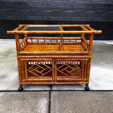 Vintage Tortoise Bamboo Rattan Bar Cart Chinoiserie Cabinet 