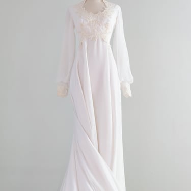 Fairytale 1970's Lace & Chiffon Wedding Gown With Split Sleeves and Flowing Train / Small