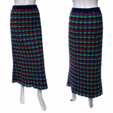 1970's Navy and Multicolor Crochet A-Line Midi Skirt Size 28