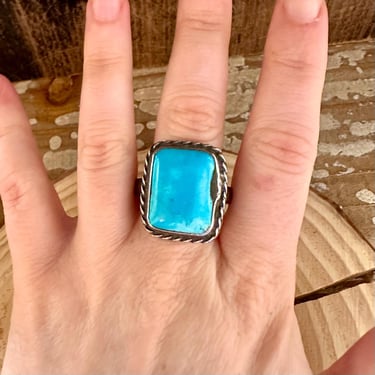 VINTAGE BLUE MARINA Silver &amp; Square Turquoise Mens Ring | Southwestern Jewelry | Large Statement Ring | Size 12 