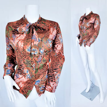 Graff 1970's Tropical Tiger Floral Print Button Down Shirt I Top I Blouse I Sz Med I Pussy Bow 
