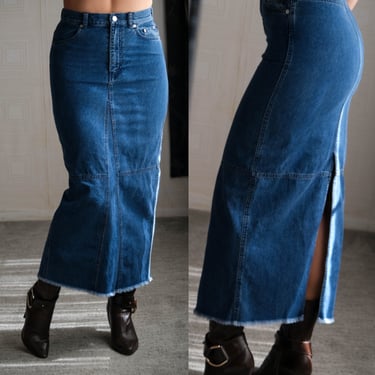 Vintage Y2K Ralph Lauren Medium Wash High Waisted Denim Maxi Skirt w/ Frayed Raw Hemline | 2000s RL Designer Long Denim Skirt 