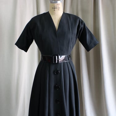 1950's Black Belted Dress / Vintage Women's Small Dress / A line Skirt Button Dress 