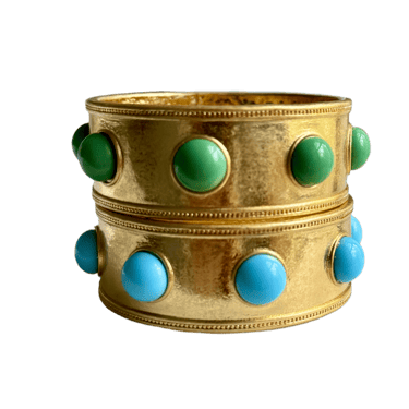 Turquoise or Jade Glass Wide Gold Bangle