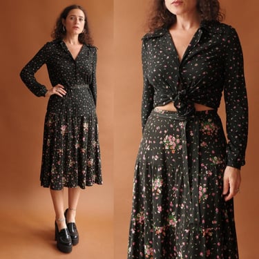 Vintage 70s Diane Von Furstenberg Rose Print Two Piece Jersey Set/ 1970s DVF Black Floral Blouse Skirt/ Size Medium 