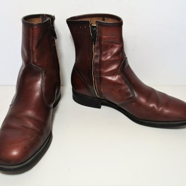 Vintage 1980s Brown Leather Ankle Boots, Size 9 Men, Side Zip, The Beatles, Rock n Roll 