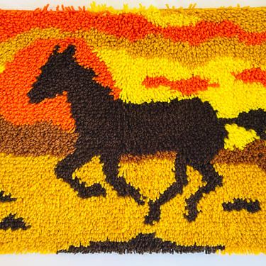 Vintage 1970s Retro Groovy Hippie Latch Hook Shag Carpet Wall Art Rug Orange Sun Wild Horse 