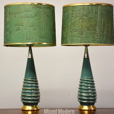 Aqua and Brass Table Lamps - A Pair 