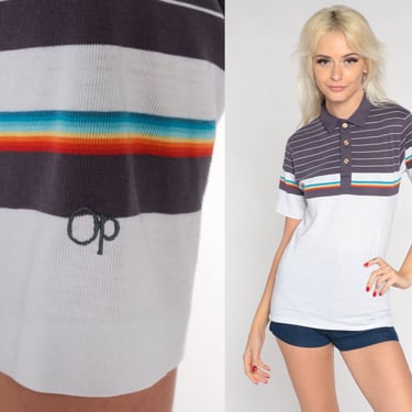 Ocean Pacific Polo Shirt 80s White Striped Shirt OP Collared T-Shirt Half Button Up Retro Preppy Sporty Rainbow 1980s Vintage Small xs 