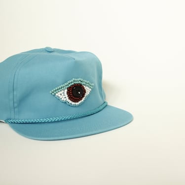 Beaded Third Eye / Sleepy Eye Upcycled Vintage 90's Hat - Turquoise - Glass Beads and Button Eye - Leather Adjustable Strap 