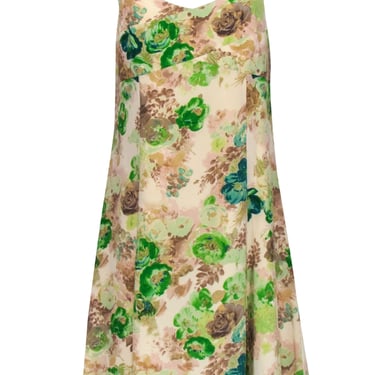 HD in Paris - Beige and Green Floral Print Silk Shift Dress Sz 8