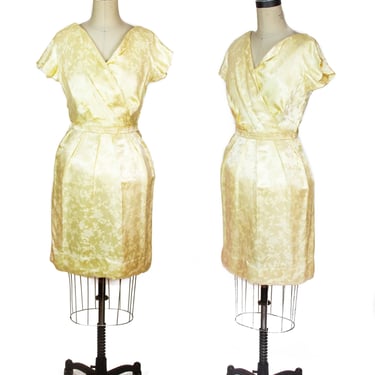 1950s Dress ~ Yellow Oriental Brocade Satin Cocktail Dress 