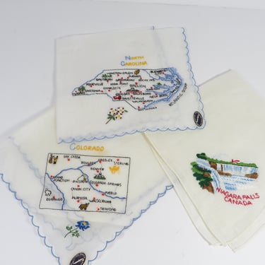 Vintage Embroidered Souvenir Colorado, North Carolina and Grand Canyon Handkerchiefs 
