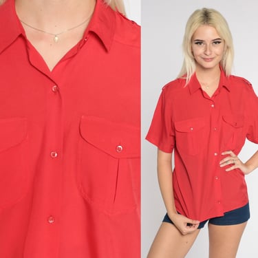 Diane Von Furstenberg Top 80s Red Button Up Blouse Short Sleeve Collared Shirt Preppy Basic Shoulder Epaulette Designer Vintage 1980s Medium 