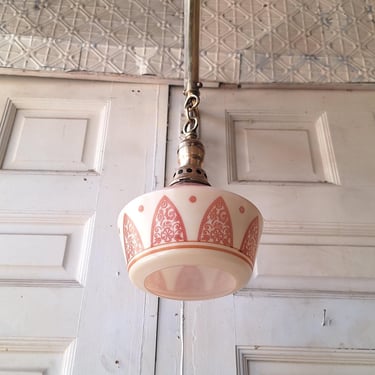 Vintage Pink Pendant Light with Stenciled Design, Brass and Glass Antique Pink Glass Globe Light, Schoolhouse Style 062403 