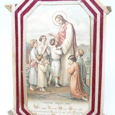 Antique Eight Point Thread Folk Art Frame with Religious Jesus Holy Card  "Come Unto Me" 