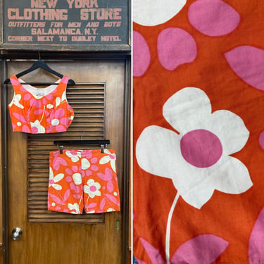 Vintage 1960’s Hippie Mod Floral Cotton Hawaiian Top & Shorts Outfit Set, Vintage Two Piece, Floral, Cotton, Mod, Hippie, Crop Top, Shorts, 