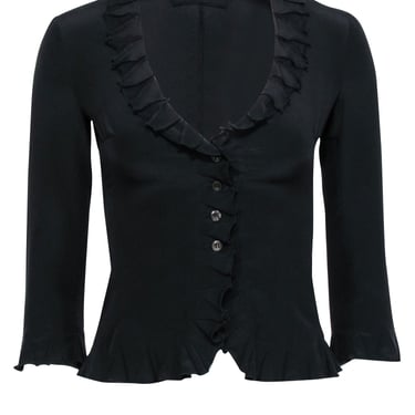 Prada - Black Silk Textured Ruffle Blouse Sz 4