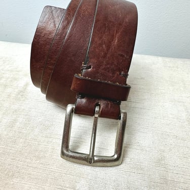 90’s wide brown leather belt with silver tone square buckle~ rustic rocker style~ unisex androgynous hipster belts size Large 34”-38” 