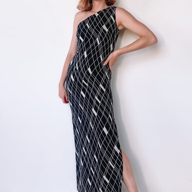 1990s Diagonal Grid One Shoulder Dress, sz. S