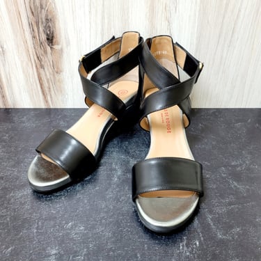 Black and Silver Leather Anklestrap Wedge Shoes - Womens EU40 