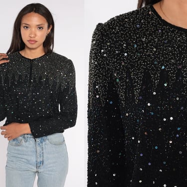Beaded Sequin Cardigan 90s Sparkly Black Silk Knit Sweater Formal Party Glam Knitwear Vintage 1990s Small S Petite 