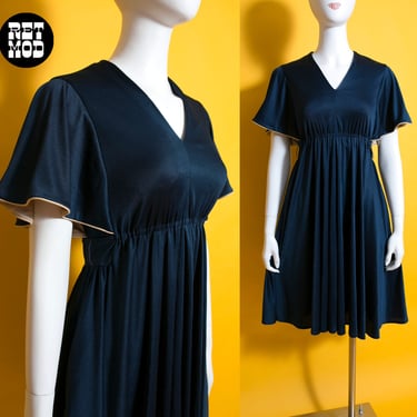 Flattering Vintage 70s Dark Blue Sheen Draped Dress with Flutter Sleeves 