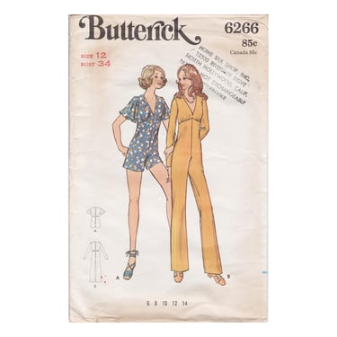 Vintage 1970s Butterick Sewing Pattern 6266, Misses Long or Short Jumpsuit w/ Deep V Empire Waist, Long or Flutter Sleeves, Size 12 Bust 34" 