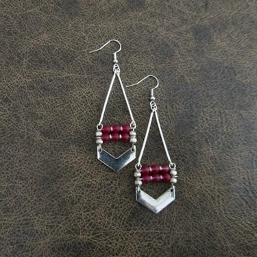 Long fuchsia pink sea glass and silver earrings 2 