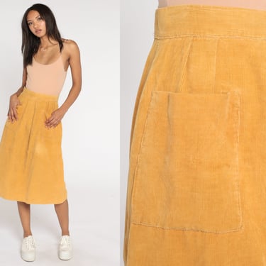 80s Corduroy Skirt Mustard Yellow Midi Skirt Retro Boho High Waisted Pocket Skirt Plain Bohemian Skirt Vintage 1980s Extra Small xs 