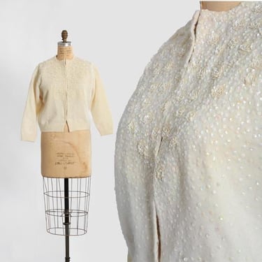 Vintage 50s Ivory Lambswool angora beaded sequin floral knit cardigan sweater 