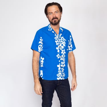 Medium 70s Hawaiian Blue Floral Aloha Shirt | Vintage Wooden Button Tropical Leaf Print Notched Collar Tourist Top 