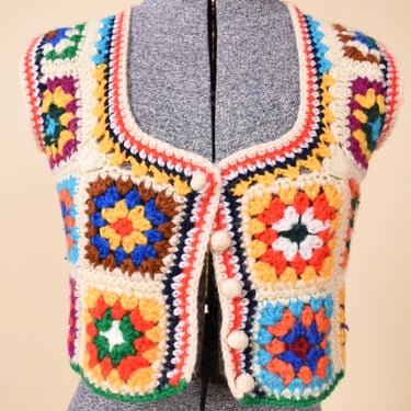 Cream 70s Granny Square Crocheted Vest, XS
