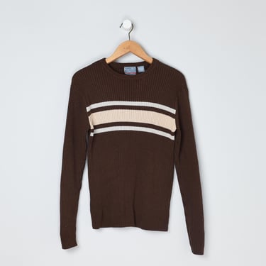 Vintage Y2k Dark Brown Striped Ribbed Crew Neck Sweater - 
