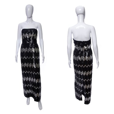 1960's Lilli Diamond Black and Silver Sequin Gown Size M
