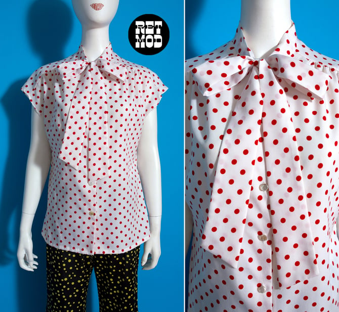 Cute Vintage 70s 80s White & Red Polka Dot Pussybow Blouse 