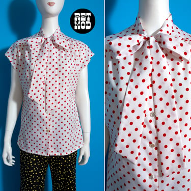 Cute Vintage 70s 80s White & Red Polka Dot Pussybow Blouse 
