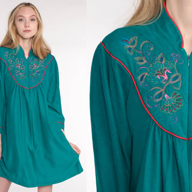Velour Lounge Dress 70s Mini Teal Green Floral Embroidered Pajama Long Sleeve Boho Hippie 80s Front Zip Loungewear Vintage Small Medium 