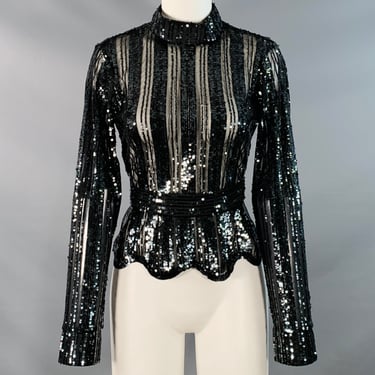 DEREK LAM Size 6 Black Polyester Sequined Stripe Mock Neck Dress Top