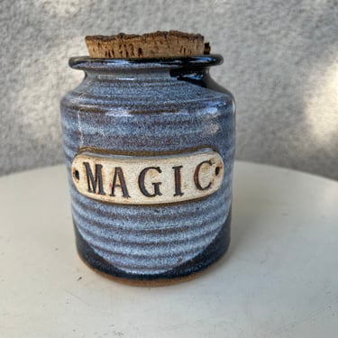 Vintage studio art pottery Magic jar with cork lid blues brown tones Size 5” x 3-4” 