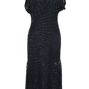 Beaded Evening Gown, Vintage Oleg Cassini, Medium Women, Black Silk, Sequins 