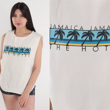 Vintage Jamaica Shirt Palm Tree Tank Top 80s 90s JAMAICA HOTEL Tropical Beach Graphic Retro Tee Print Sleeveless Sweatshirt 1980s Medium 