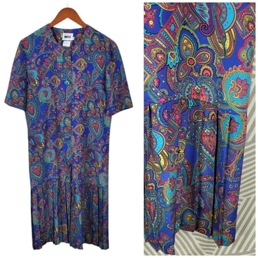 Vintage 90s Party Dress size 8 10 Floral Shirt Paisley Secretary Blue Drop Waist 