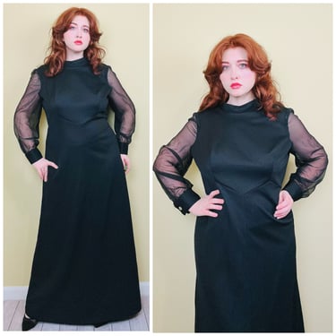 1970s Vintage Plus Size Black Sheer Sleeve Maxi Dress / 70s Disco High Neck Poly Knit Gown / Size XL 
