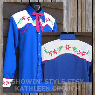 Custom Made by Kathleen Crouch Vintage Western Men's Cowboy, Rodeo Shirt, Royal Blue,  Embroidered Flowers, Approx. XLarge (see meas. photo) 