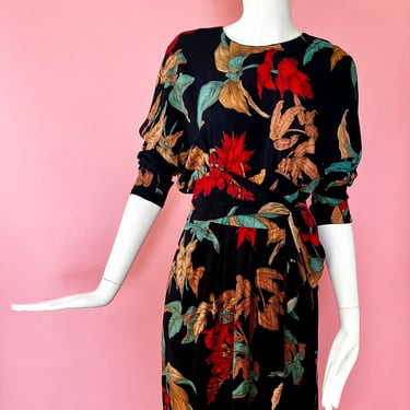 1980s does 1940s Rayon Dolman Sleeve Poinsettia Dress 